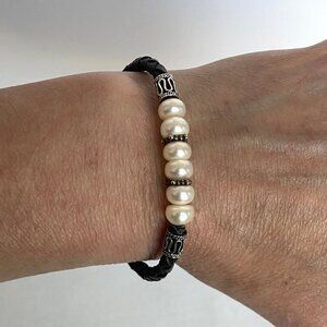 Sterling Silver 925 Beaded Cultured Pearl Braided Leather Band Bracelet